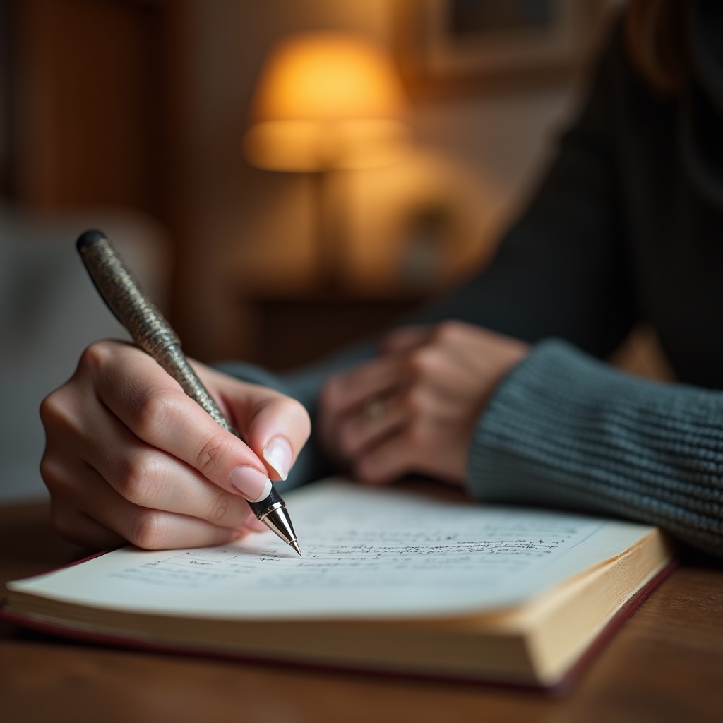 Hand schreibt konzentriert in ein Tagebuch, Nahaufnahme mit weichem Licht