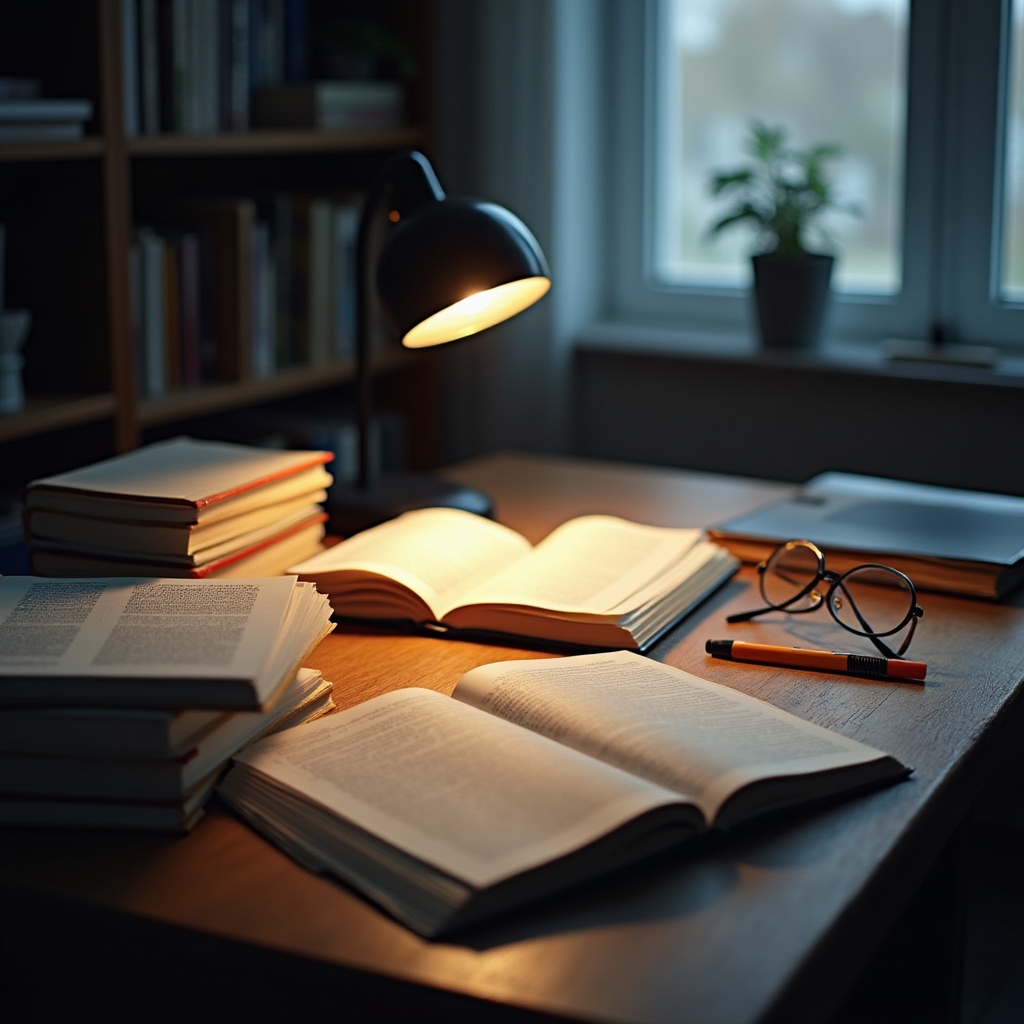 Schreibtisch mit Fachbüchern zur kognitiven Psychologie und handschriftlichen Notizen während der Recherche
