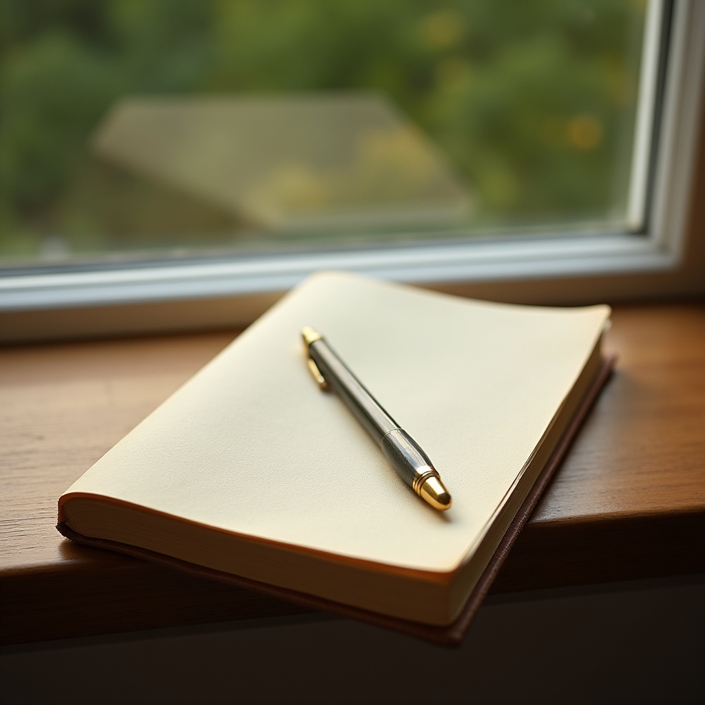 Flatlay mit Stift und Notizbuch vor einem Fenster im weichen Morgenlicht