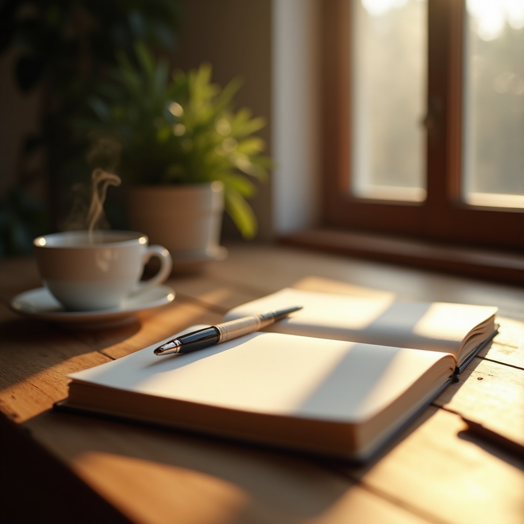 Schreibtisch im Morgenlicht mit aufgeschlagenem Notizbuch und Kaffeetasse