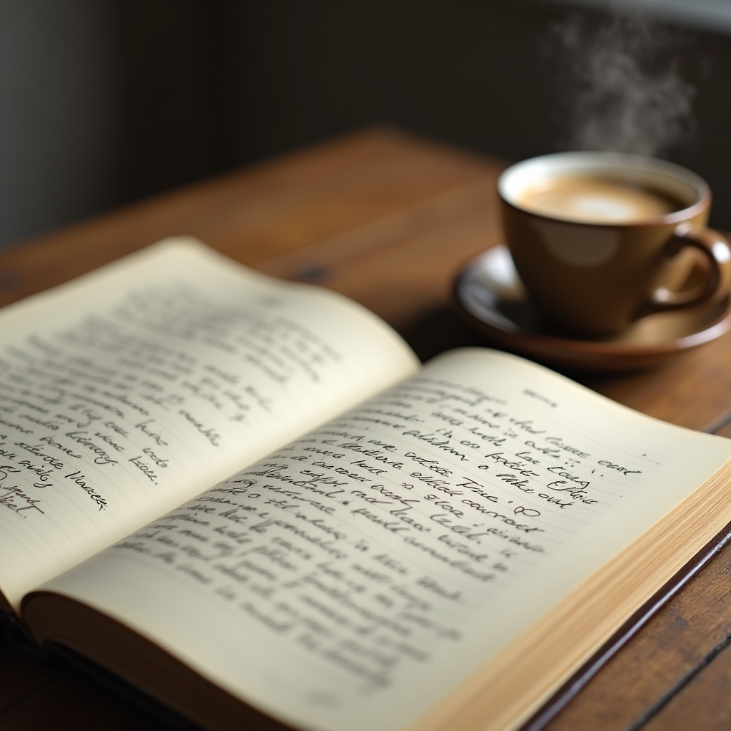 Aufgeschlagenes Notizbuch mit handschriftlichen Morgenseiten neben einer Kaffeetasse