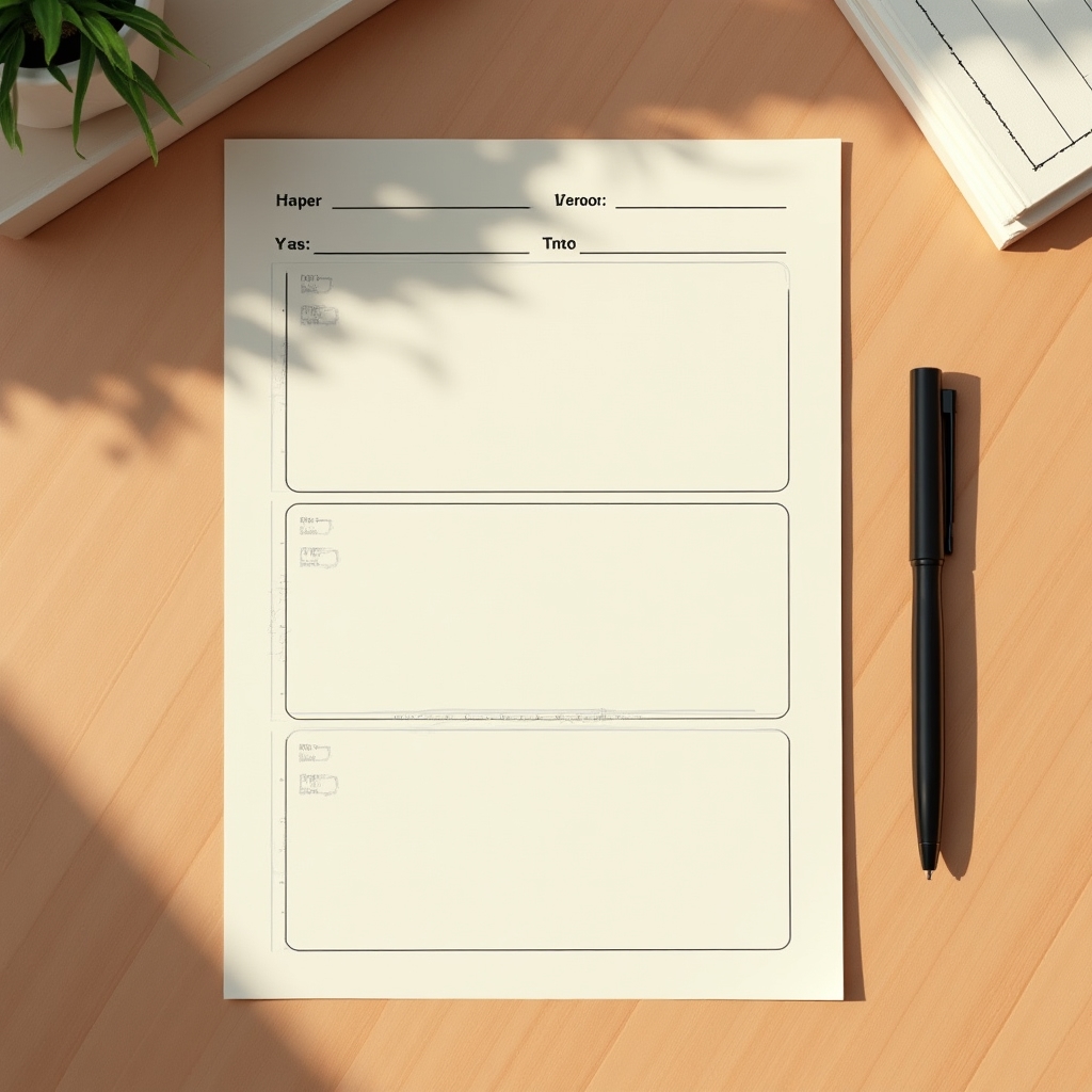 Ausgedruckte Vorlage für Morgenseiten liegt griffbereit neben Stift und Notizbuch auf einem Schreibtisch